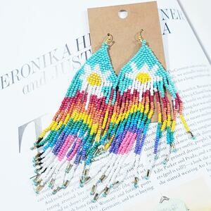 New Statement 4.25" Fringe Daisy Groovy Boho Hippie Beaded Earrings